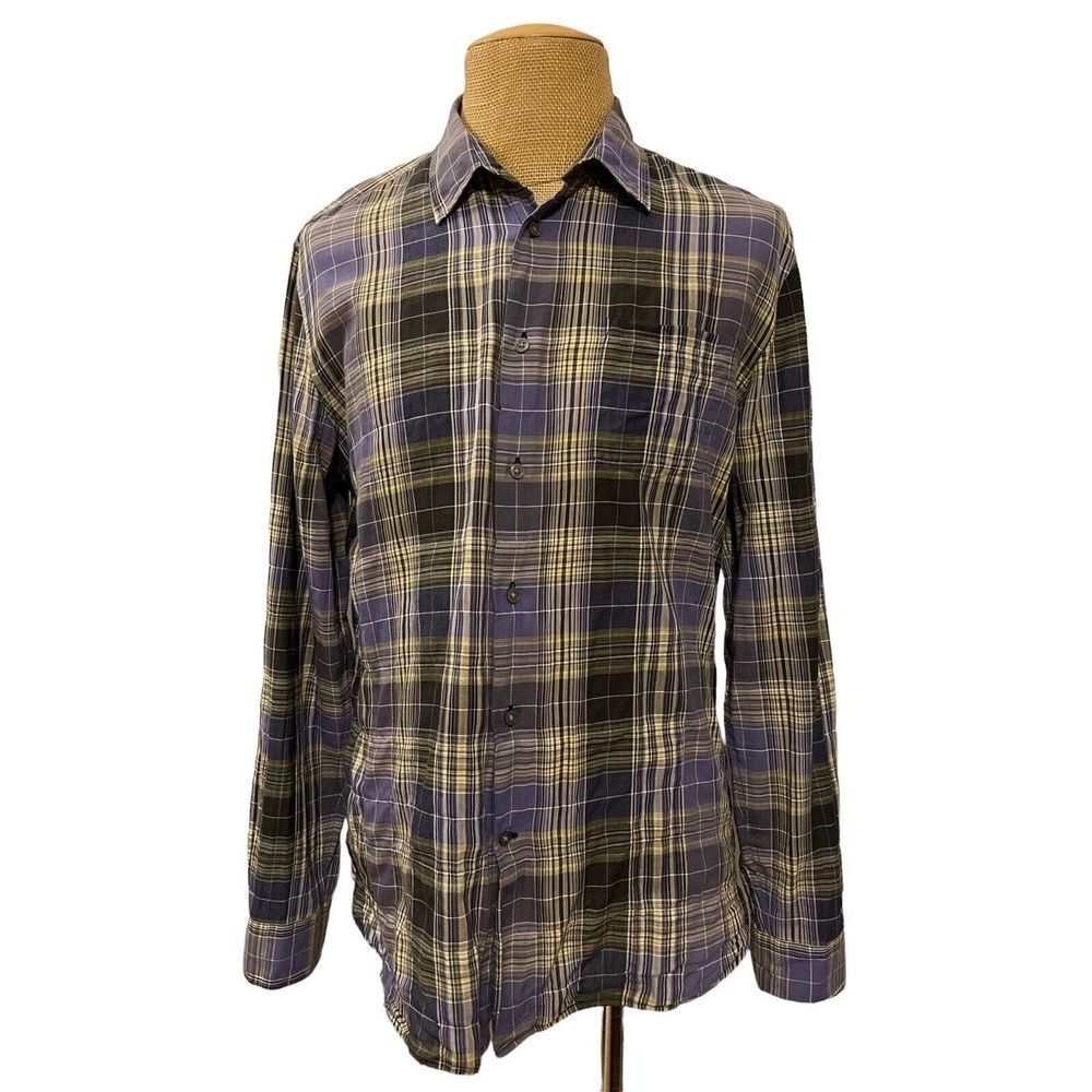John Varvatos Men's Dress Shirt Purple Yellow‎ Plaid Cotton Blend Size Large